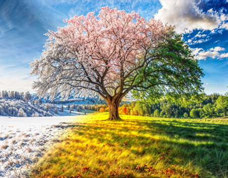 Nature during the year - spring, summer, autumn, winter. Four seasons treeの写真素材