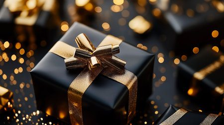 Luxurious expensive gift. Luxury elegant black gift box with gold ribbonの写真素材