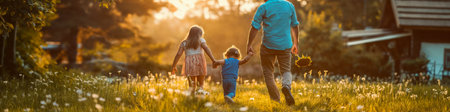 A young family spending time together outdoors in the yard. Happy family playing together in the gardenの写真素材