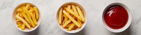 French fries. Chips. French fries in a paper wrap with ketchup dip. Pommes frites