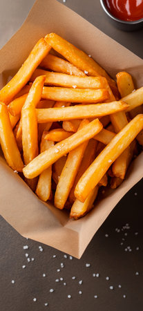 French fries. Chips. French fries in a paper wrap with ketchup dip. Pommes frites