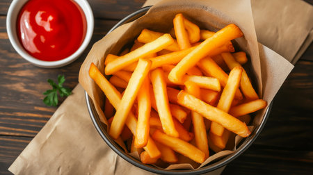 French fries. Chips. French fries in a paper wrap with ketchup dip. Pommes fritesの写真素材