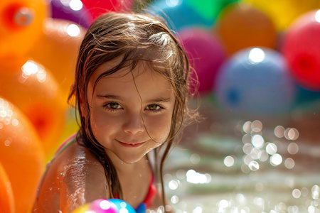 Little girl in pool shooting water gun. Children having fun. Summer timeの素材