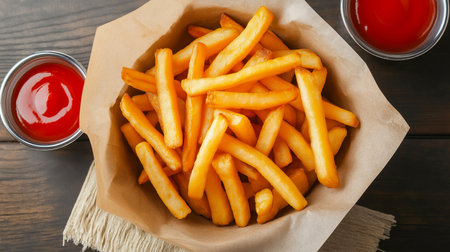 French fries. Chips. French fries in a paper wrap with ketchup dip. French fries