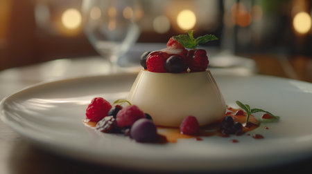 Delicious panna cotta with caramel sauce and fresh berries. Panna cotta