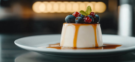 Delicious panna cotta with caramel sauce and fresh berries. Panna cottaの素材