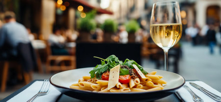 A plate of penne pasta with arugula, cherry tomatoes and sliced parmesan cheese with a glass of white wine on a table outside of a restaurant in Italy. Italian cuisineの写真素材