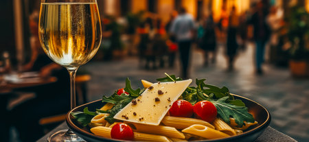 A plate of penne pasta with arugula, cherry tomatoes and sliced parmesan cheese with a glass of white wine on a table outside of a restaurant in Italy. Italian cuisineの素材