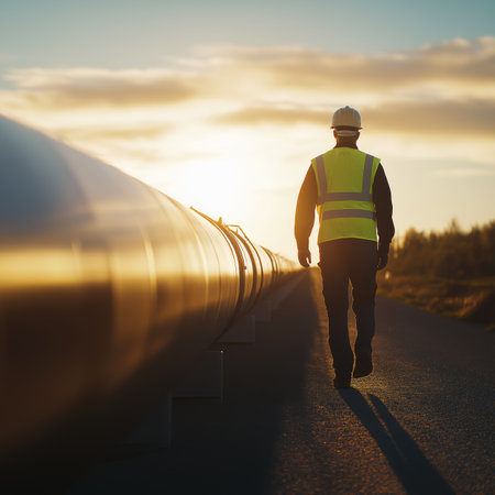 Oil and gas infrastructure. Infrastructure worker walking along a pipeline at sunsetの写真素材