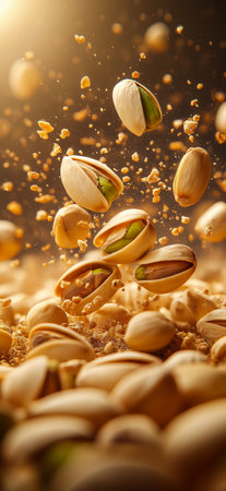 Closeup falling pistachio nuts background. Pistachio nuts bannerの写真素材