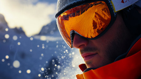 Portrait of a skier. Winter sport concept. Downhill skiing bannerの写真素材