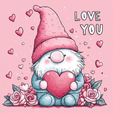 Cartoon style illustration of an cute adorable dwarf or gnome holding a heart. I love you greeting card template. Valentine's day bannerの写真素材