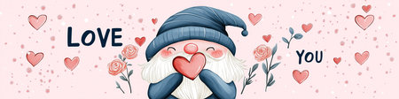 Cartoon style illustration of an cute adorable dwarf or gnome holding a heart. I love you greeting card template. Valentine's day bannerの写真素材