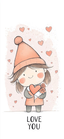 Cartoon style illustration of an cute adorable dwarf or gnome holding a heart. I love you greeting card template. Valentine's day bannerの写真素材