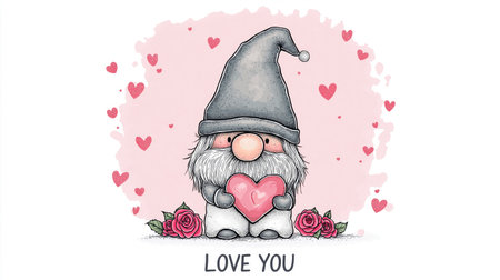 Cartoon style illustration of an cute adorable dwarf or gnome holding a heart. I love you greeting card template. Valentine's day bannerの写真素材