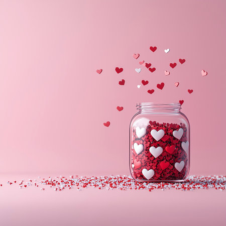 Glass jar full of heart shaped confetti on pink background. Love banner. Valentines background