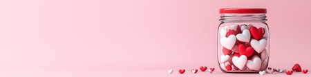 Glass jar full of heart shaped confetti on pink background. Love banner. Valentines backgroundの写真素材