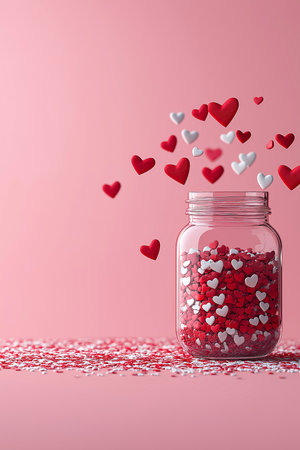 Glass jar full of heart shaped confetti on pink background. Love banner. Valentines backgroundの写真素材