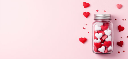 Glass jar full of heart shaped confetti on pink background. Love banner. Valentines backgroundの写真素材