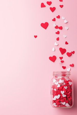 Glass jar full of heart shaped confetti on pink background. Love banner. Valentines background