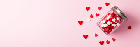 Glass jar full of heart shaped confetti on pink background. Love banner. Valentines backgroundの写真素材