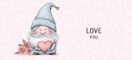 Cartoon style illustration of an cute adorable dwarf or gnome holding a heart. I love you greeting card template. Valentine's day bannerの写真素材