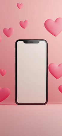 Valentine's day banner with a smartphone with blank screen template. Mobile phone mockup with hearts...