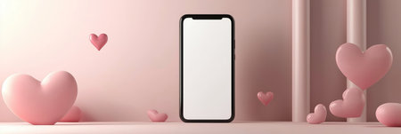 Valentine's day banner with a smartphone with blank screen template. Mobile phone mockup with hearts and pastel pink backgroundの写真素材