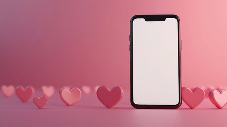 Valentine's day banner with a smartphone with blank screen template. Mobile phone mockup with hearts...