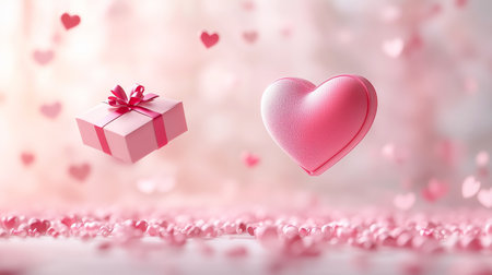 Pink gift box and hearts 3d render love background. Valentine's day gift with floating hearts banner. Engagementの写真素材