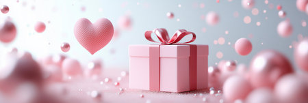 Pink gift box and hearts 3d render love background. Valentine's day gift with floating hearts banner. Engagementの写真素材