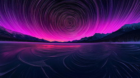 Long exposure capturing mesmerizing circular star trails illuminating a frozen lake and snow-capped mountains. Vibrant star trails painting the sky above frozen lake and mountains. Aurora and the stars swirl in circular patternsの写真素材