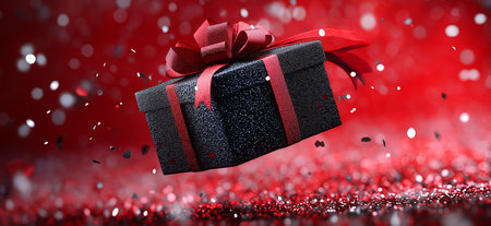 Elegant black gift box with red ribbon floating on red glitter with falling confetti, perfect for...