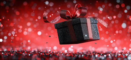 Elegant black gift box with red ribbon floating on red glitter with falling confetti, perfect for...