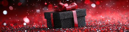 Elegant black gift box with red ribbon floating on red glitter with falling confetti, perfect for christmas, valentine's day, or birthday celebrationsの写真素材