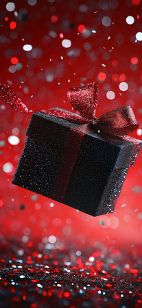 Elegant black gift box with red ribbon floating on red glitter with falling confetti, perfect for christmas, valentine's day, or birthday celebrationsの写真素材