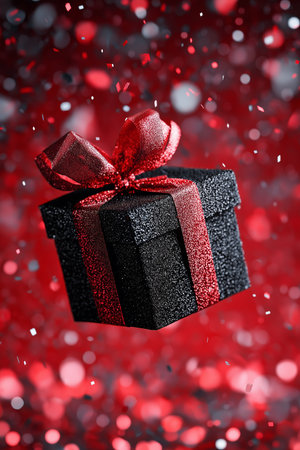 Elegant black gift box with red ribbon floating on red glitter with falling confetti, perfect for christmas, valentine's day, or birthday celebrationsの素材