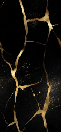 Luxurious black marble surface repaired with golden cracks, creating an abstract design. Seamless black and golde marble patternの写真素材