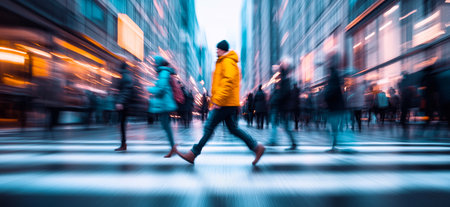 People walking on a busy, illuminated shopping street in a modern city at dusk with motion blur effect. Commercial photography - live vibrant urban scene with walking people and modern architectureの写真素材