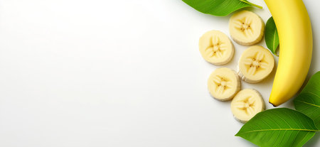 Fresh ripe bananas and banana slices with green leaves are arranged on a white background, creating a vibrant and healthy image. Banana wallpaper, bannerの写真素材