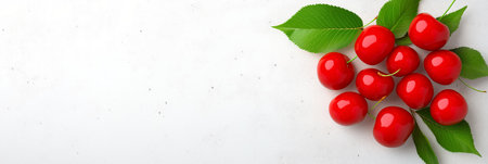 Fresh ripe cherries and cherry slices with green leaves are arranged on a white background, creating...
