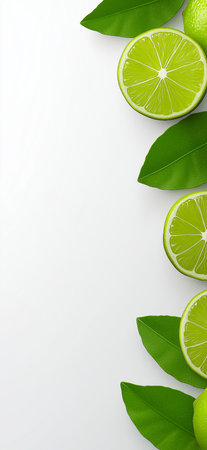 Fresh ripe limes and lime slices with green leaves are arranged on a white background, creating a vibrant and healthy image. Lime wallpaper, bannerの写真素材