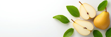 Fresh ripe pears and pear slices with green leaves are arranged on a white background, creating a...