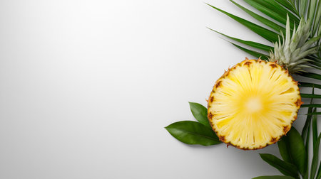 Fresh ripe pineapples and pineapple slices with green leaves are arranged on a white background, creating a vibrant and healthy image. Pineapple wallpaper, bannerの写真素材