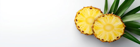 Fresh ripe pineapples and pineapple slices with green leaves are arranged on a white background, creating a vibrant and healthy image. Pineapple wallpaper, bannerの写真素材