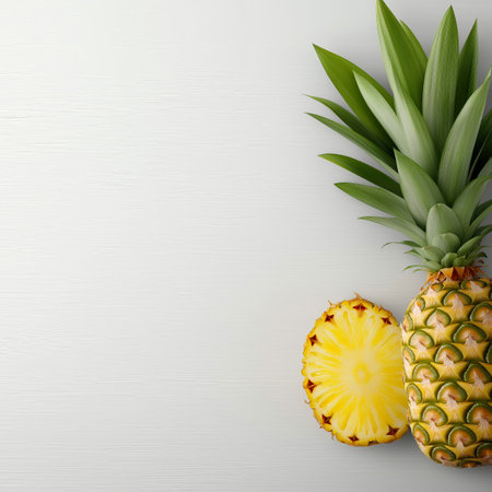 Fresh ripe pineapples and pineapple slices with green leaves are arranged on a white background,...