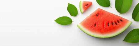 Fresh ripe watermelons and watermelon slices with green leaves are arranged on a white background, creating a vibrant and healthy image. Watermelon wallpaper, bannerの写真素材