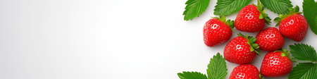 Fresh ripe strawberries and strawberry slices with green leaves are arranged on a white background, creating a vibrant and healthy image. Strawberry wallpaper, bannerの写真素材