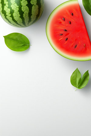 Fresh ripe watermelons and watermelon slices with green leaves are arranged on a white background, creating a vibrant and healthy image. Watermelon wallpaper, bannerの写真素材