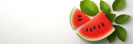 Fresh ripe watermelons and watermelon slices with green leaves are arranged on a white background, creating a vibrant and healthy image. Watermelon wallpaper, bannerの写真素材